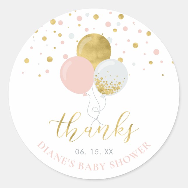 Gold & Pink Balloons | Party Favour Thank you Classic Round Sticker (Front)