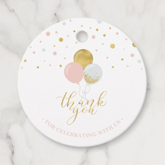 Gold & Pink Balloons | Party Thank you Favour Tag (Front)