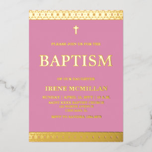 Gold Pink Baptism  Foil Invitation