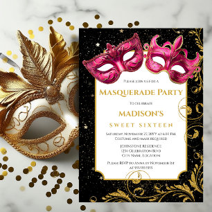 Gold Pink Birthday Masquerade Party Invitation