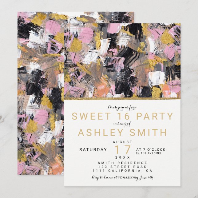 Gold pink black acrylic brushstrokes Sweet 16 Invitation (Front/Back)