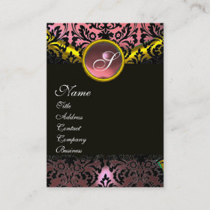 GOLD PINK BLACK AMETHYST DAMASK MONOGRAM BUSINESS CARD