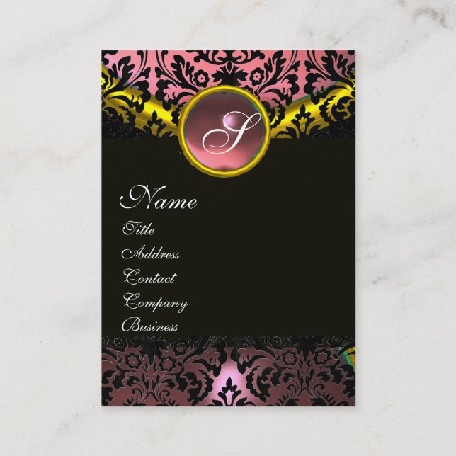 GOLD PINK BLACK AMETHYST DAMASK MONOGRAM BUSINESS CARD (Front)