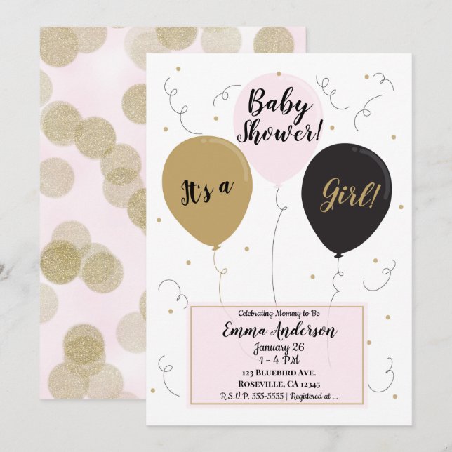 Gold Pink & Black Balloons It's a Girl Baby Shower Invitation (Front/Back)