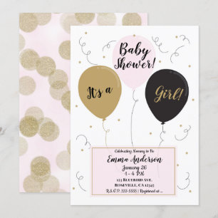 Gold Pink & Black Balloons It's a Girl Baby Shower Invitation