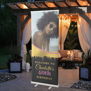 Gold Pink Black Birthday Party Photo Welcome Retractable Banner