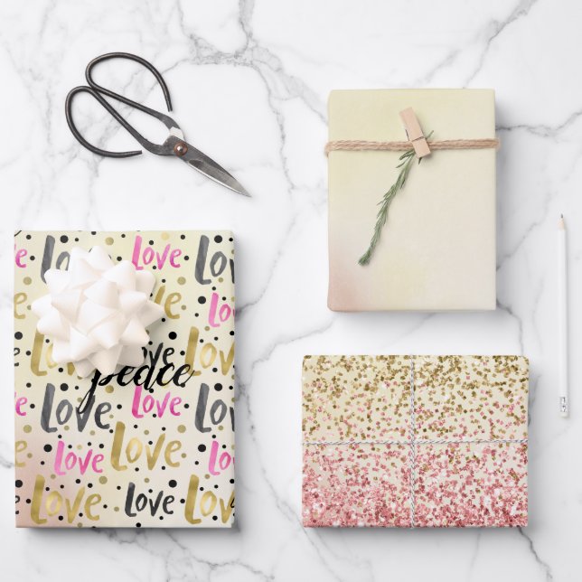 Gold Pink Black Confetti Love Peace Glitter Wrapping Paper Sheet (Front)