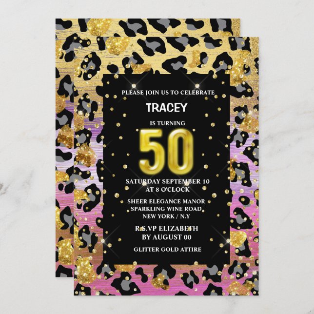 Gold pink black leopard print jungle glitter 50th invitation (Front/Back)