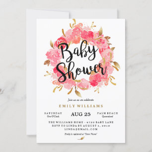Gold Pink Blossom Wreath Baby Shower Invitation