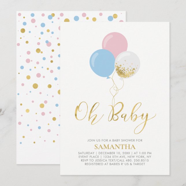 Gold, Pink, Blue Balloons | Oh Baby Baby Shower Invitation (Front/Back)