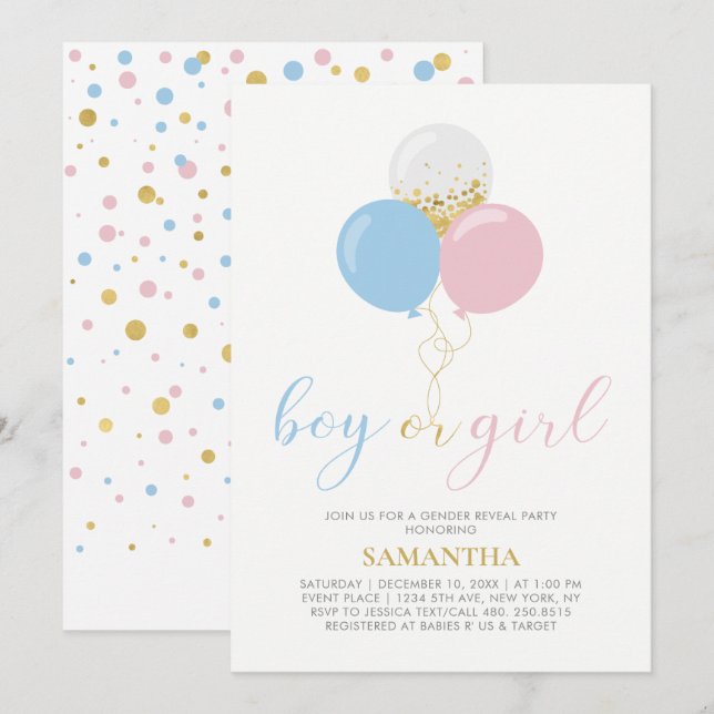 Gold, Pink, Blue | Gender Reveal Baby Shower Invitation (Front/Back)