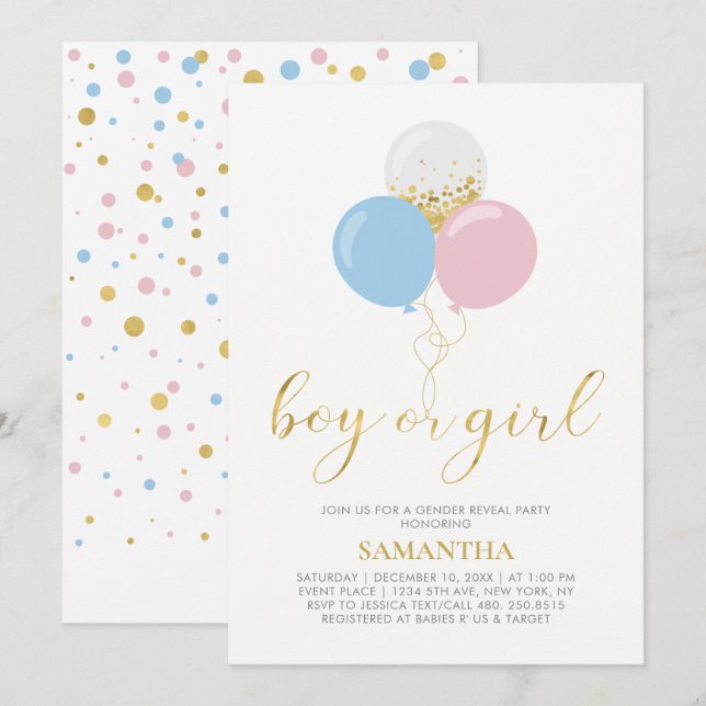 Gold, Pink, Blue  | Gender Reveal Baby Shower Invitation (Front/Back)