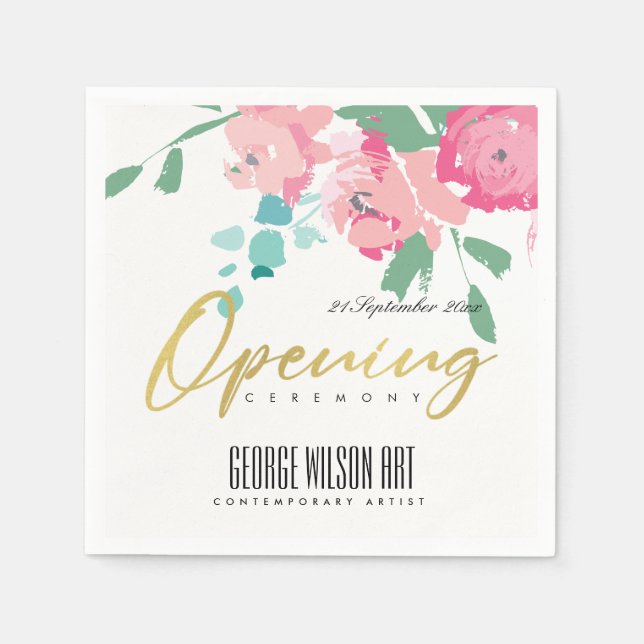 GOLD PINK BLUE PEONY FLORAL GRAND OPENING CEREMONY NAPKIN (Front)