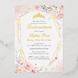 Gold Pink Blush Butterfly Floral Quinceanera