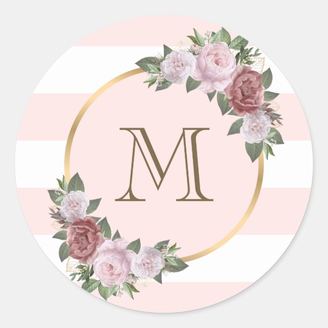 Gold Pink Blush Floral Monogram Initial Classic Round Sticker (Front)