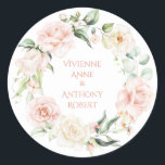 Gold Pink Blush Floral Names Watercolor Wedding Classic Round Sticker<br><div class="desc">Pretty pink,  peach and blush watercolor flowers giving this sticker a romantic elegant look.  So delicate and pretty.  Combine pinks,  blushes,  peaches,  greens and browns for your wedding colours.  Gorgeous!</div>