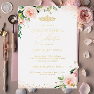 Gold Pink Blush Floral Quinceanera Birthday 