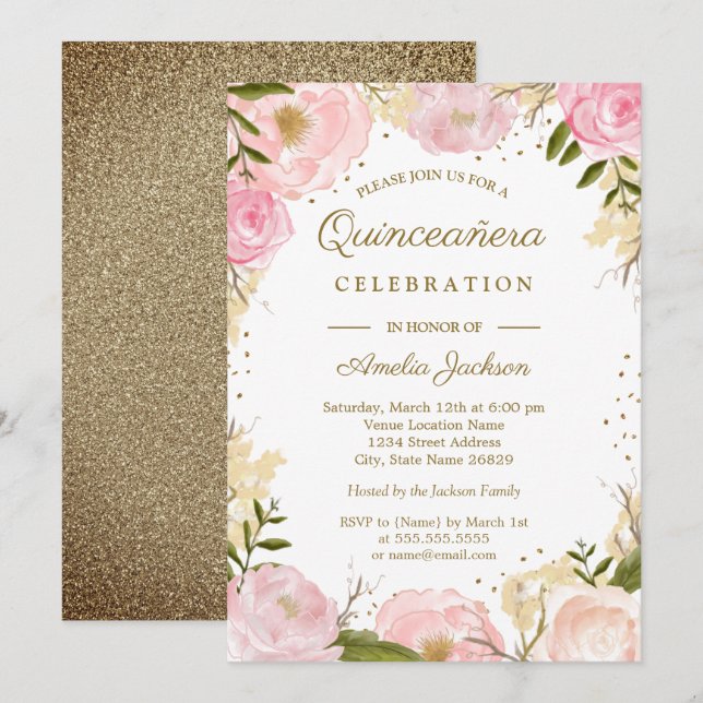 Gold Pink Blush Floral Watercolor Quinceanera Invitation (Front/Back)
