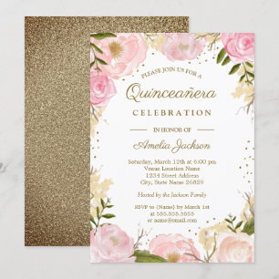 Gold Pink Blush Floral Watercolor Quinceanera Invitation