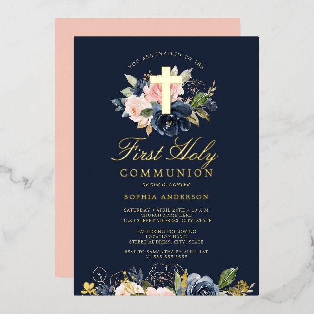 Gold Pink Blush Navy Floral Girls First Communion  (Front/Back)