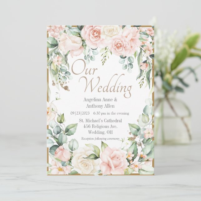 Gold Pink Blush Watercolor Romantic Floral Wedding Invitation (Standing Front)