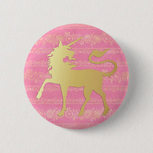 Gold & Pink Bohemian Pattern & Unicorn 6 Cm Round Badge