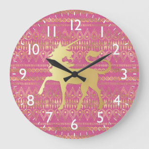 Gold & Pink Bohemian Pattern & Unicorn Large Clock