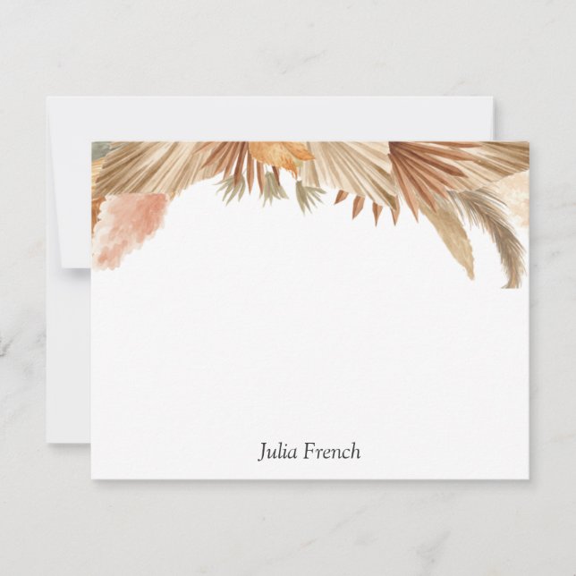 Gold Pink Boho Pampas Grass Flat Note Card (Front)