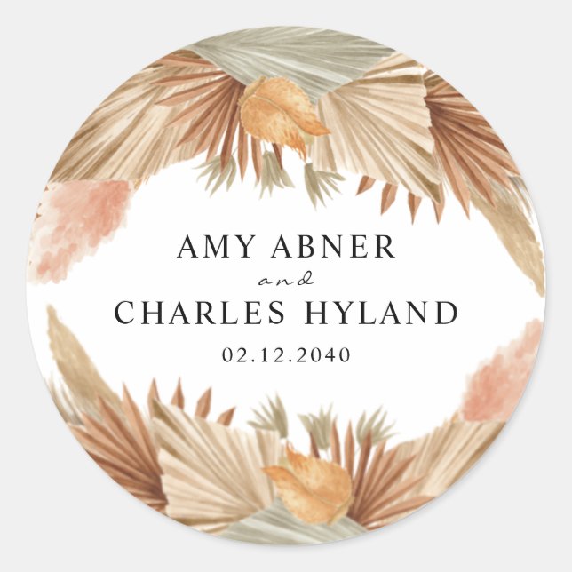 Gold Pink Boho Pampas Grass Wedding Sticker (Front)