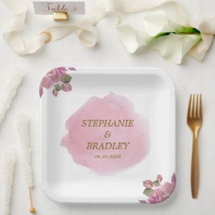 Gold Pink Botanical Elegant Simple Modern Wedding Paper Plate
