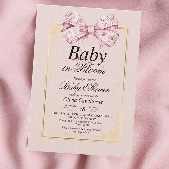 Gold Pink Bow Watercolor Floral Baby Shower  Invitation (Creator Uploaded)