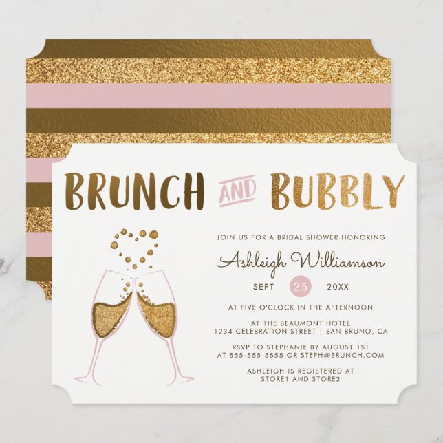 Gold & Pink Brunch & Bubbly Wedding Bridal Shower Invitation (Front/Back)