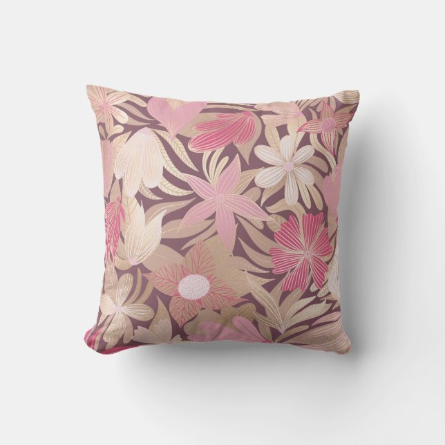 Gold Pink Burgundy Floral Leaves Illustrations Cushion (Front)