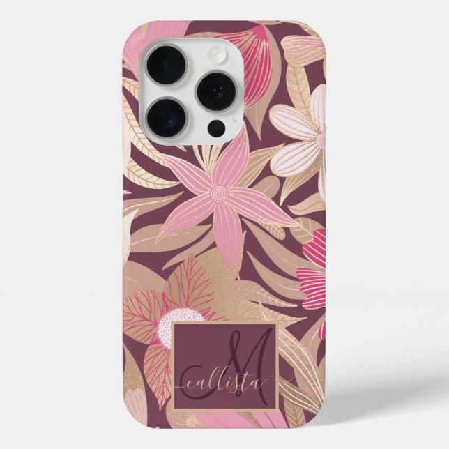 Gold Pink Burgundy Floral Leaves Monogram Case-Mate iPhone Case (Back)