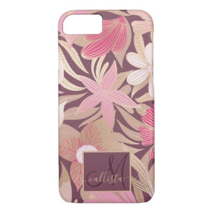 Gold Pink Burgundy Floral Leaves Monogram Case-Mate iPhone Case