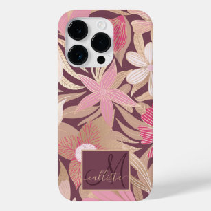 Gold Pink Burgundy Floral Leaves Monogram Case-Mate iPhone 14 Pro Case