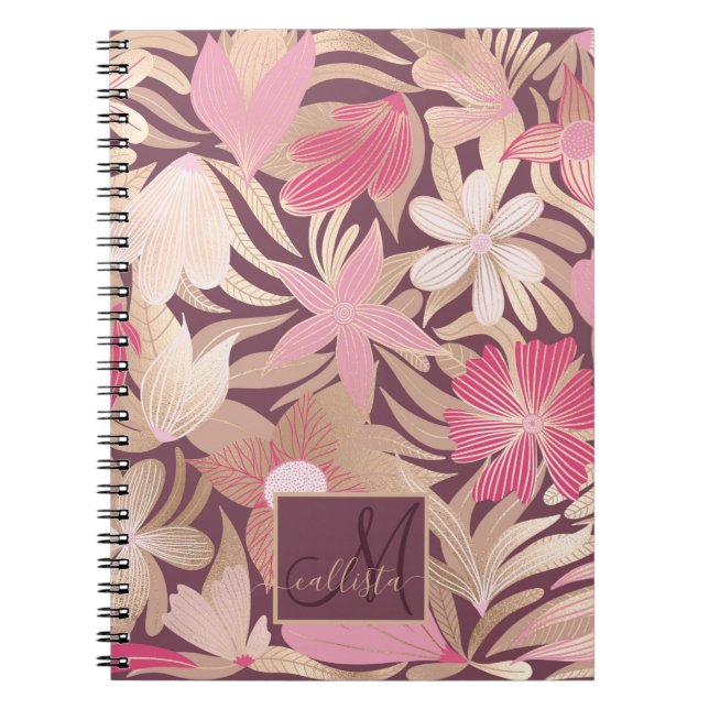 Gold Pink Burgundy Floral Leaves Monogram Notebook (Front)