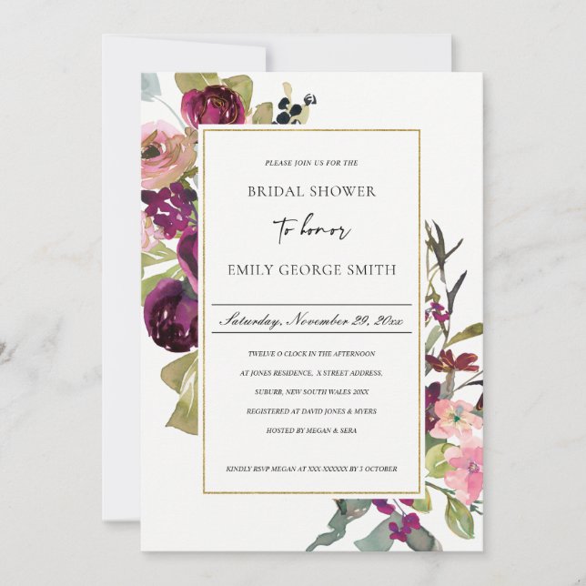 GOLD PINK BURGUNDY ROSE FLORA BRIDAL SHOWER INVITE (Front)