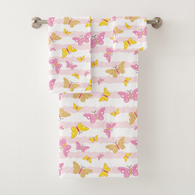 Gold & Pink Butterfly Bath Towel Set (Insitu)