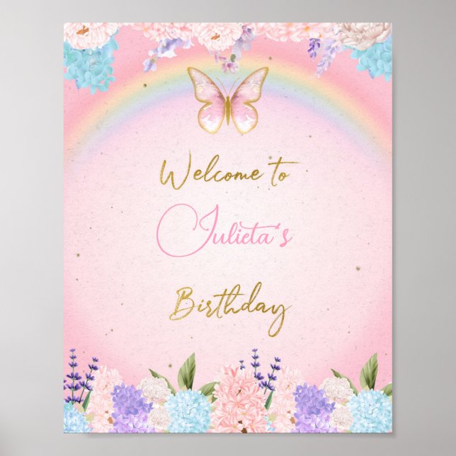 Gold Pink Butterfly Birthday Welcome Sign (Front)