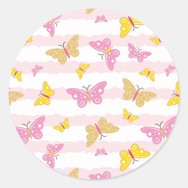 Gold & Pink Butterfly Classic Round Sticker (Front)