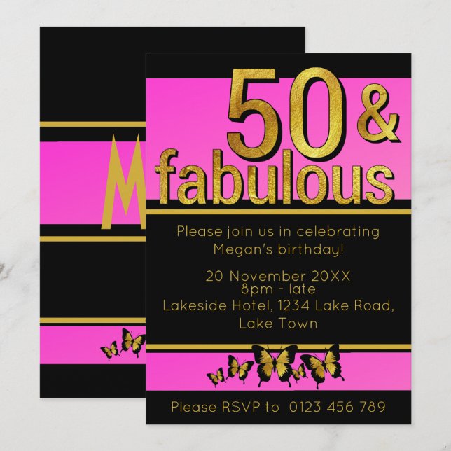 Gold Pink Butterfly Fifty & Fabulous 50th Birthday Invitation (Front/Back)