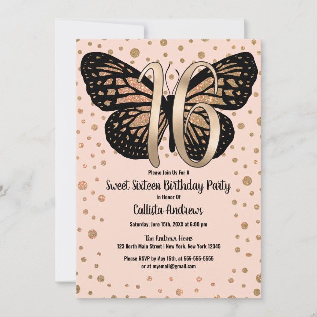 Gold Pink Butterfly Glitter Confetti Sweet 16 Invitation (Front)