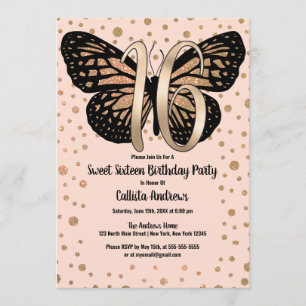 Gold Pink Butterfly Glitter Confetti Sweet 16 Invitation