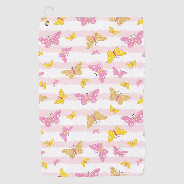 Gold & Pink Butterfly Golf Towel (Front)