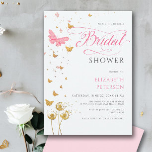 Gold Pink Butterfly Wildflowers Bridal Shower Invitation