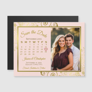 Gold & Pink Calendar & Photo Save the Date Magnet