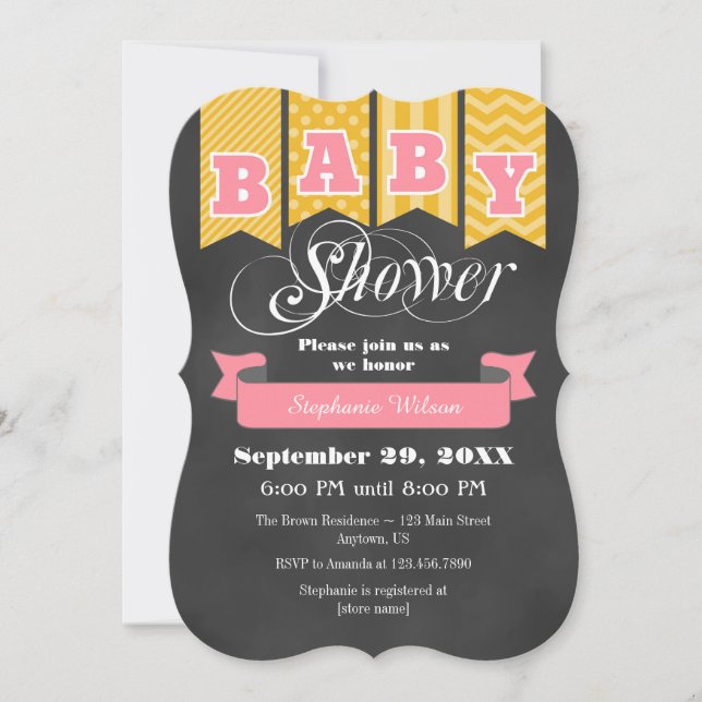 Gold Pink Chalkboard Flag Baby Shower Invite (Front)