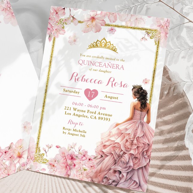 Gold Pink Cherry Blossom Princess Quinceañera Invitation (Creator Uploaded)