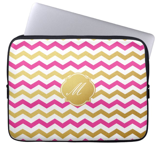 Gold & Pink Chevron Pattern Laptop Sleeve (Front)